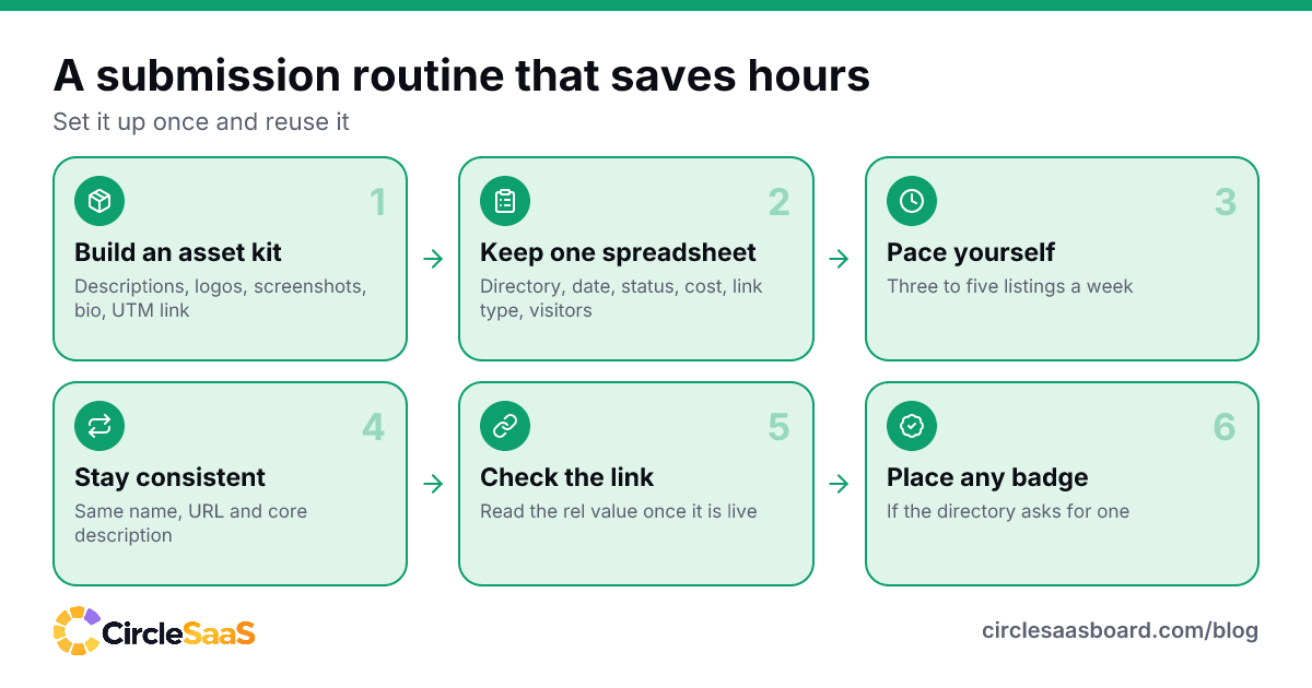 A six-step routine for submitting your SaaS to directories without wasting hours.