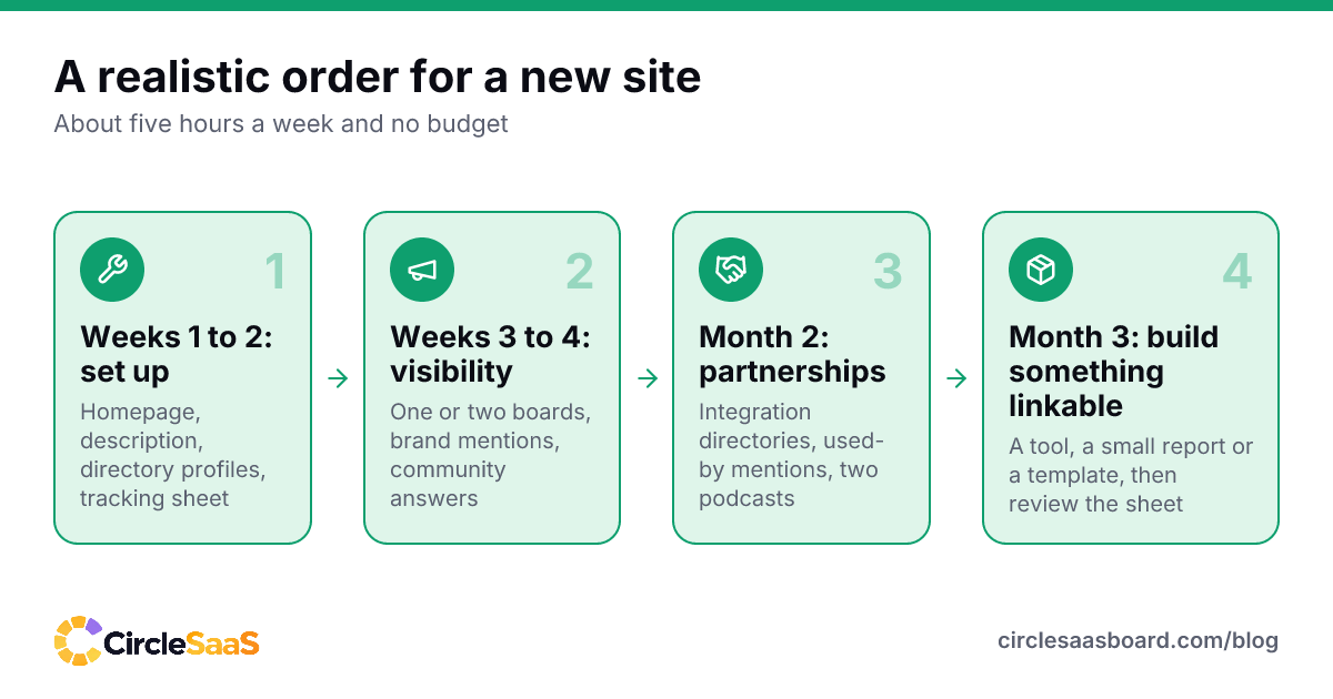 A three-month order of work for earning free links on a new SaaS site with about five hours a week.