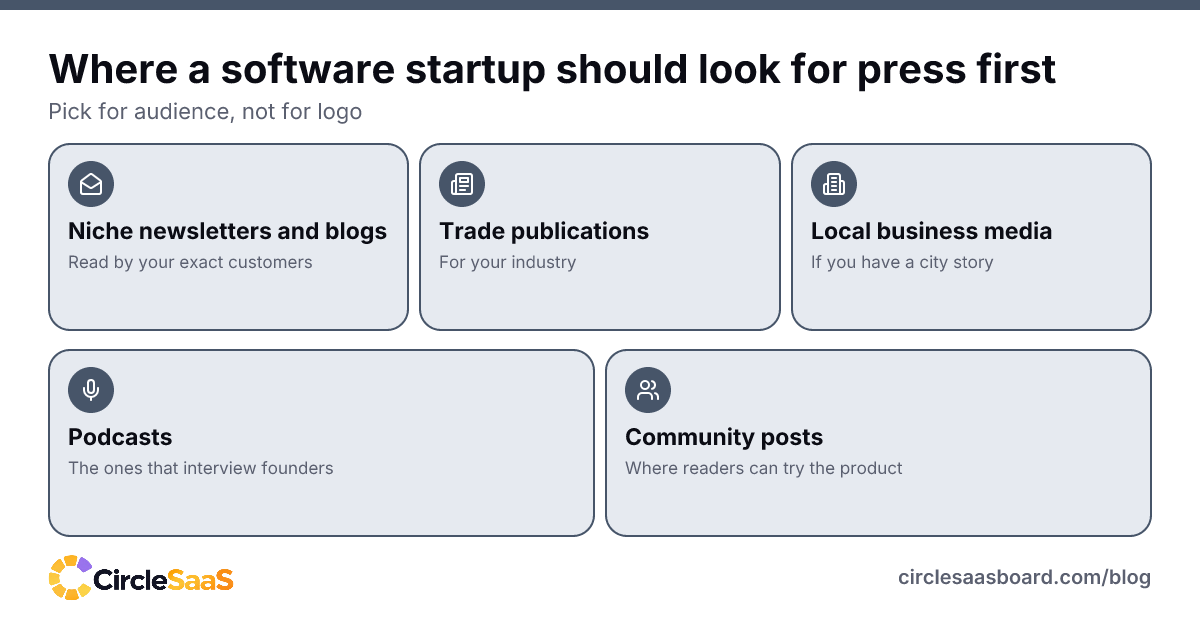 The realistic first tier of press for a software startup: newsletters, trade titles, local media, podcasts and communities.