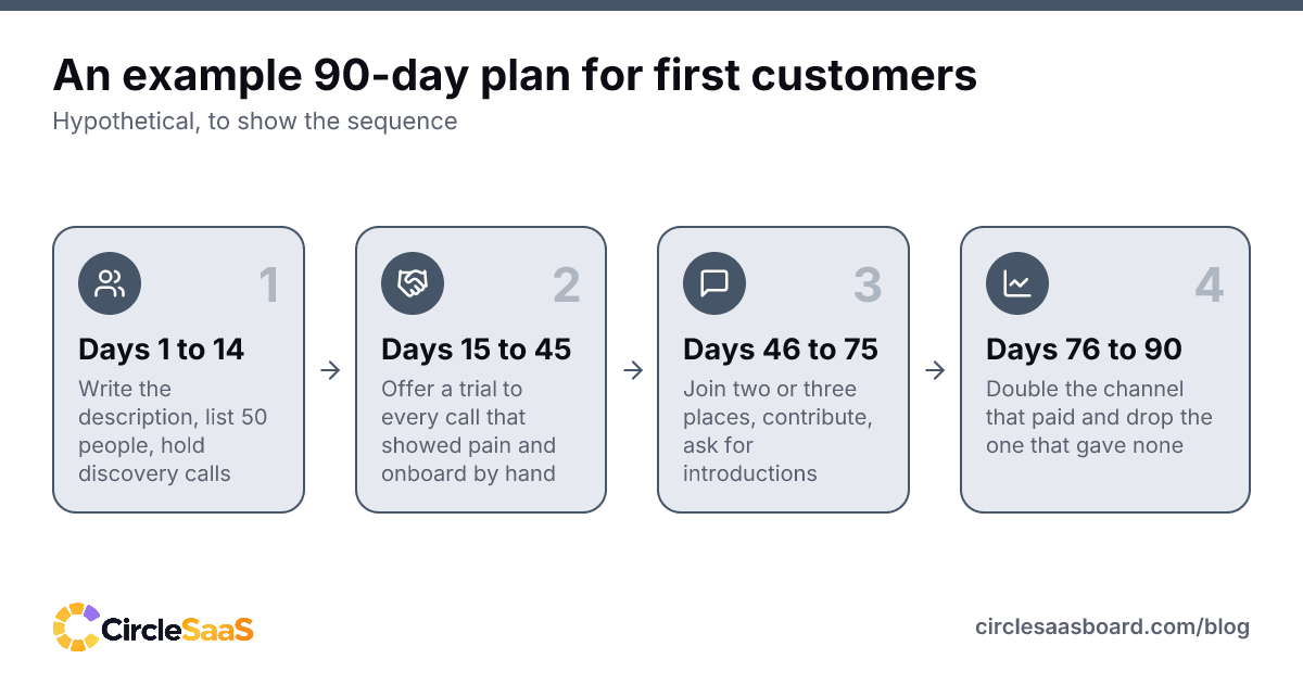 A hypothetical 90-day plan for winning the first paying customers, in four phases.
