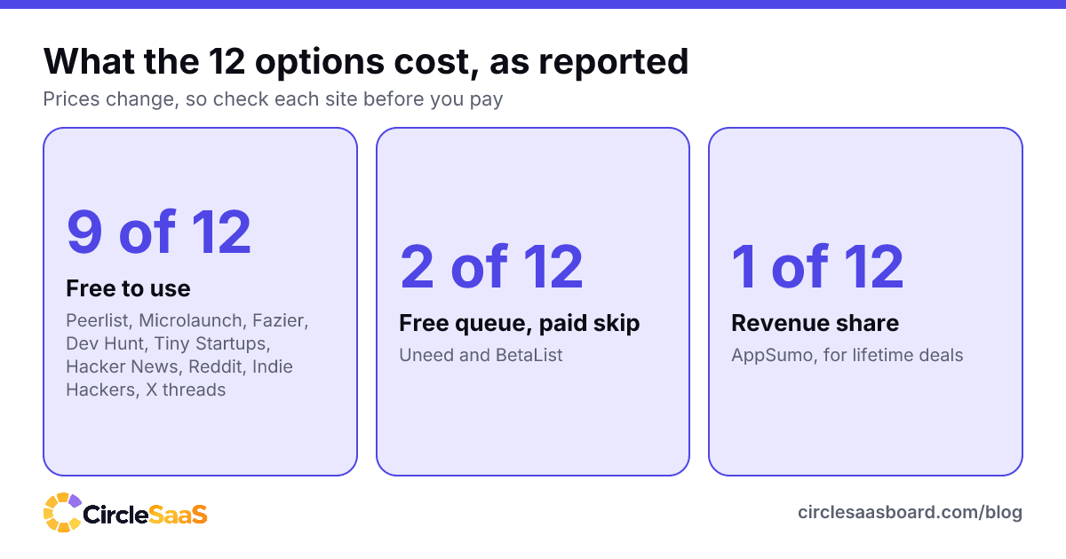 How much twelve launch sites cost: nine free, two with a free queue and paid skip, one revenue share.