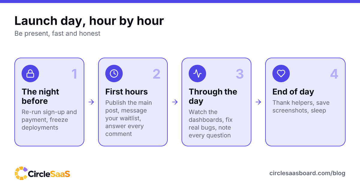 What to do on SaaS launch day: the night before, the first hours, through the day and at the end of the day.