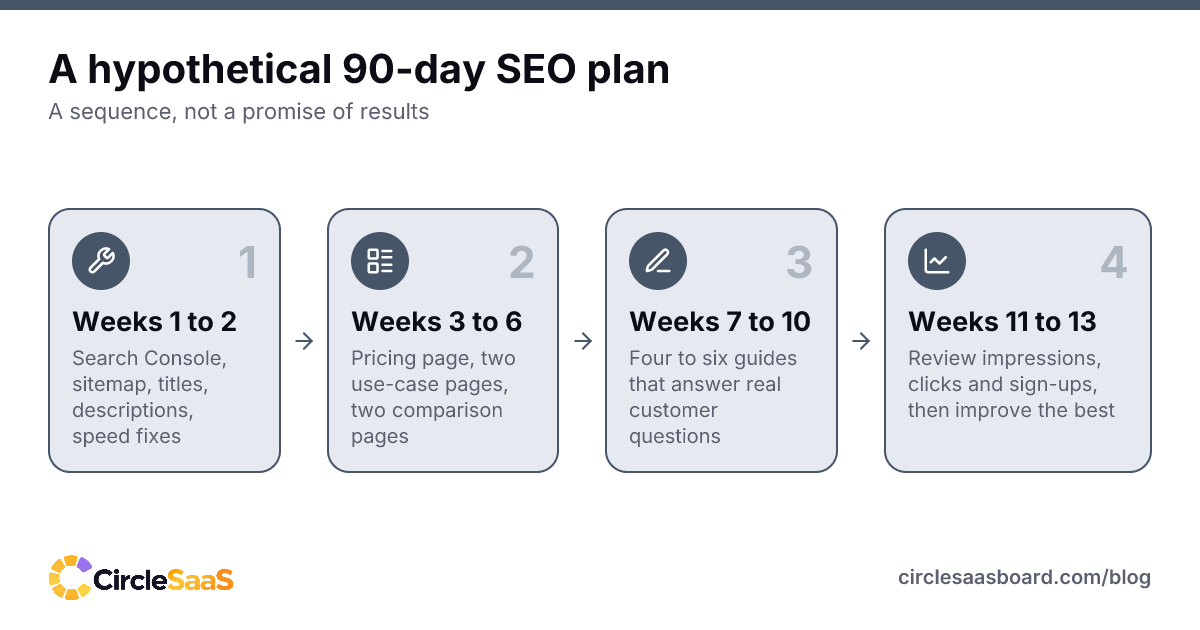 A hypothetical 90-day SEO plan for a new SaaS site, from setup to review of impressions and sign-ups.