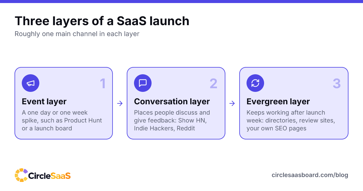 Diagram of the three layers of a SaaS launch: event, conversation and evergreen, each with its own main channel.