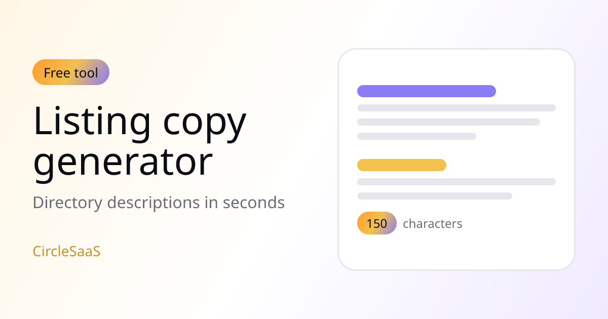 Cover illustration for the listing copy generator: a card with a one line description, a short description and a 150 character counter.