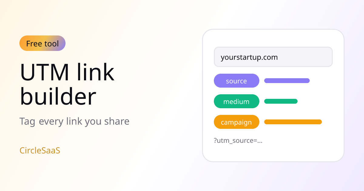 Cover illustration for the UTM link builder: a web address followed by coloured source, medium and campaign tags.